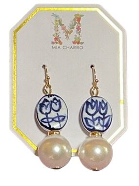 Mia Charro Earrings, Gold-Tone, Faux Pearl, White Ceramic, Blue Tulips, Dangle